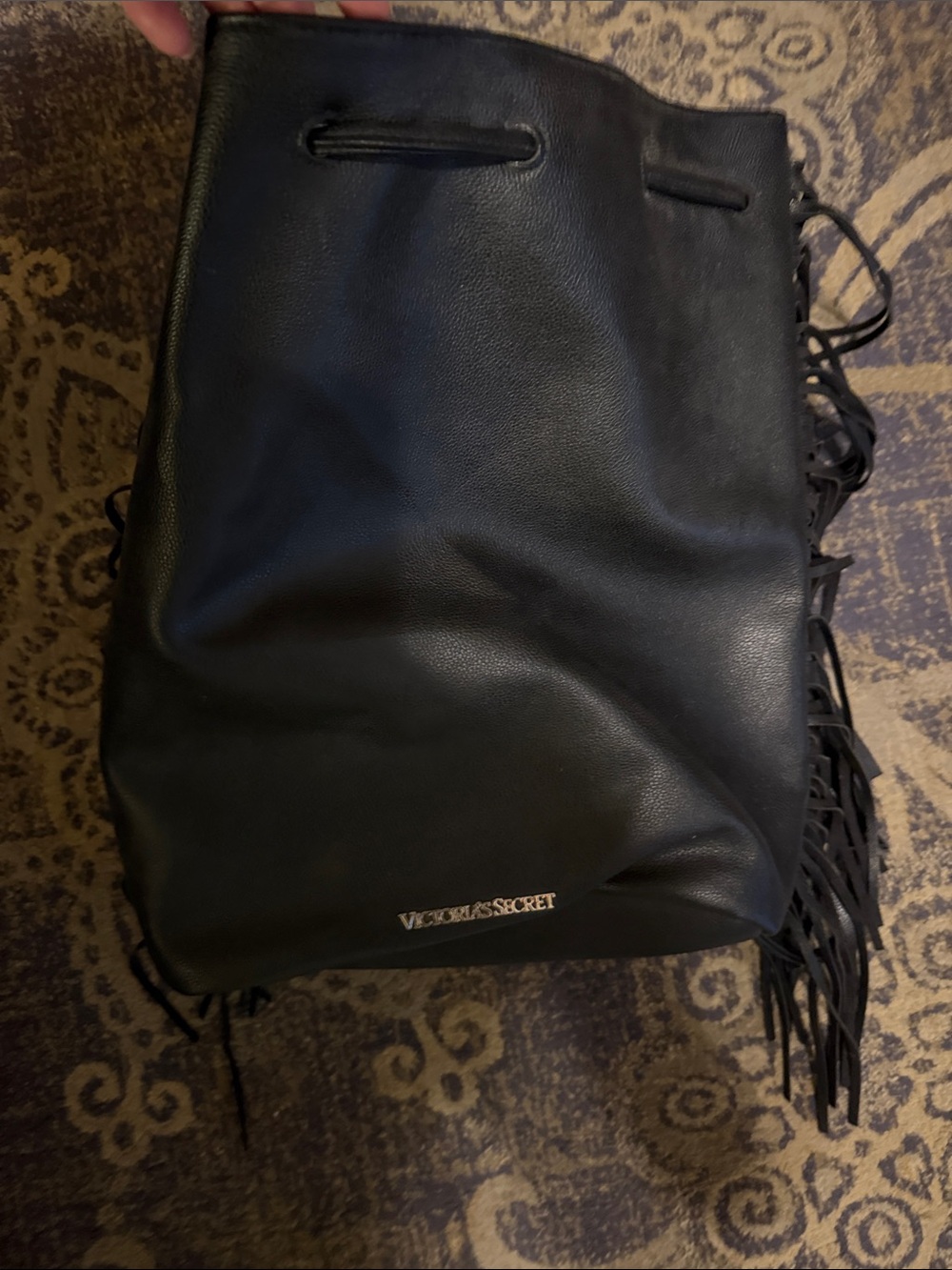 Victoria's Secret Black Fringe Drawstring Backpack